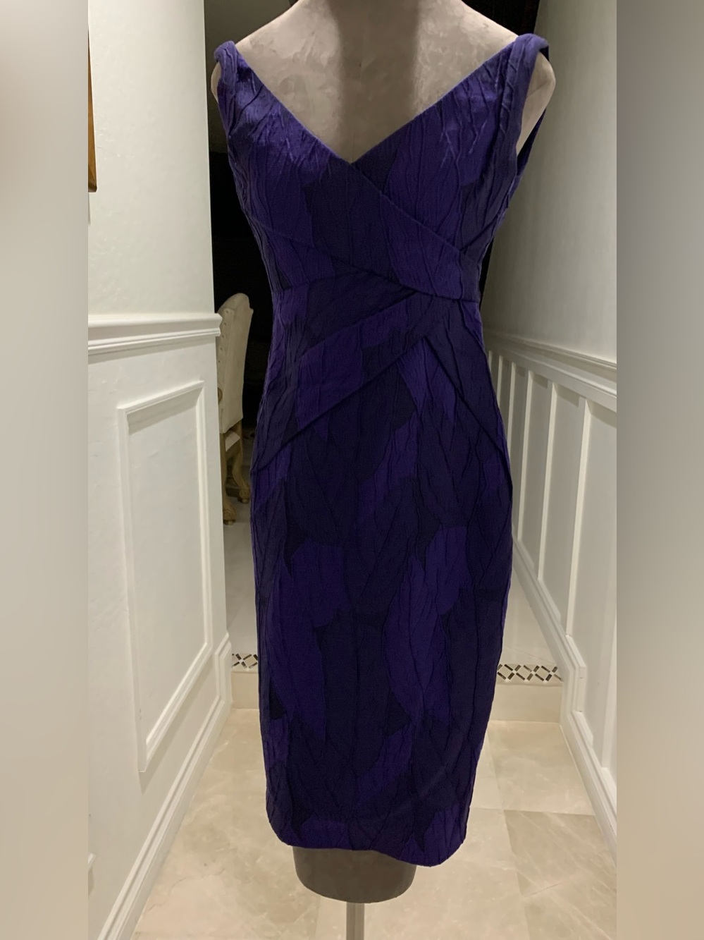 Elegant Versace Purple Jacquard V Neck Bodycon Dress Size 38